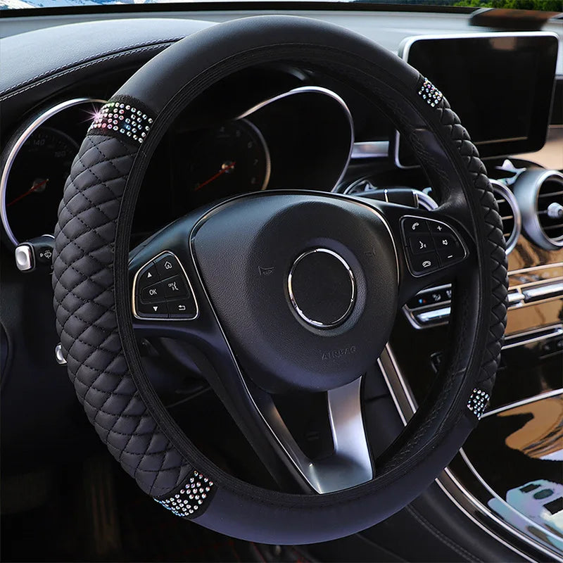 Universal 37-38cm PU Leather Bling Car Steering Wheel Cover Rhinestone Elastic Steering-Wheel Covers Auto Interior Accessorie