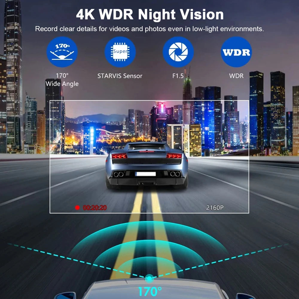4K UHD Car Dash Camera DVR Night Vision Video Recorder with GPS Wi-Fi 24H Parking Monitoring Support for Vehicle Safety Car Mobile World