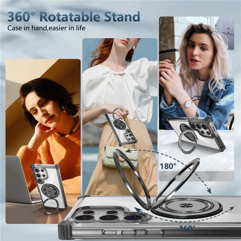 Rotating Magnetic Bracket Case For Samsung Galaxy S26 Ultra S26 Plus S26 Ring Stand Holder Transparent For Magsafe Cover