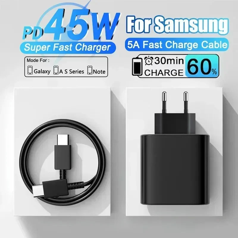 45W PD Fast Charging For Samsung Galaxy S22 S23 Ultra Note10 Plus Mobile Phone USB Type C Cable Fast Quick Charging Wall Adapter Car Mobile World