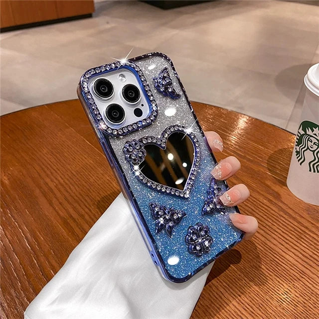 For iPhone 16 Pro Max Luxury Flash Glitter Butterfly Love Mirror Plating Frame Phone Case For iPhone 13 14 15 Plus 17 Air Cover