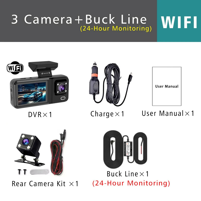 3 Channel Dash Cam for Car 1080P Video Recorder WIFI APP Dashcam Car DVR Front and Rear View Camera Night Vision car accessory