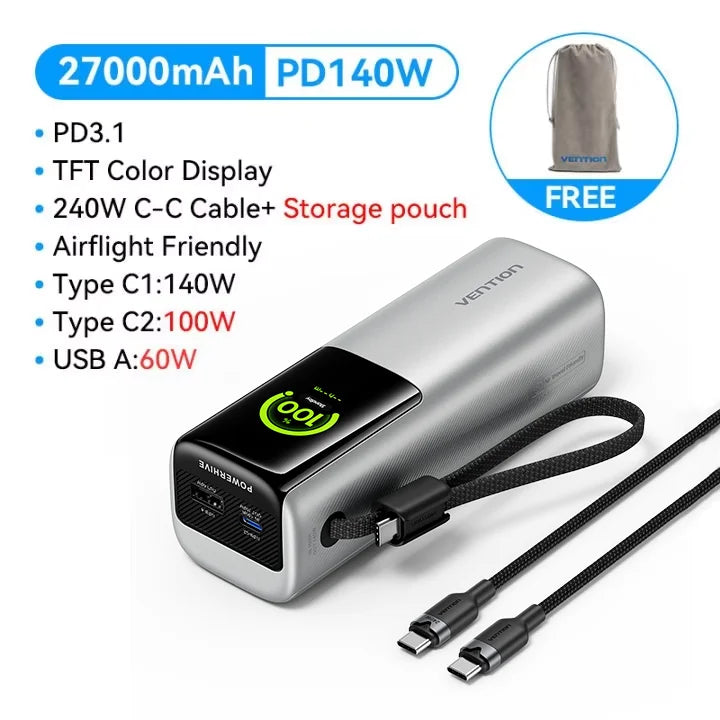 Vention 200W Power Bank 27000mAh PD 3.1 140W Max Portable PowerBank for Laptop PD Fast Charging for iPhone 17 16 Samsung S25 S24 Car Mobile World