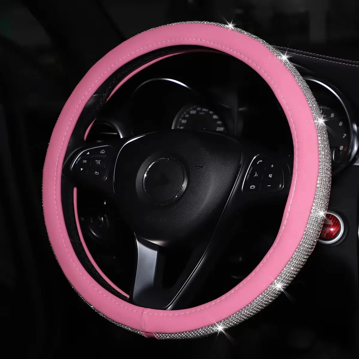 Women's PU Leather Car Interior Wheel Cover with Flashing Mesh Rhinestones for 14.5-15 Inch Car Accessories CM World