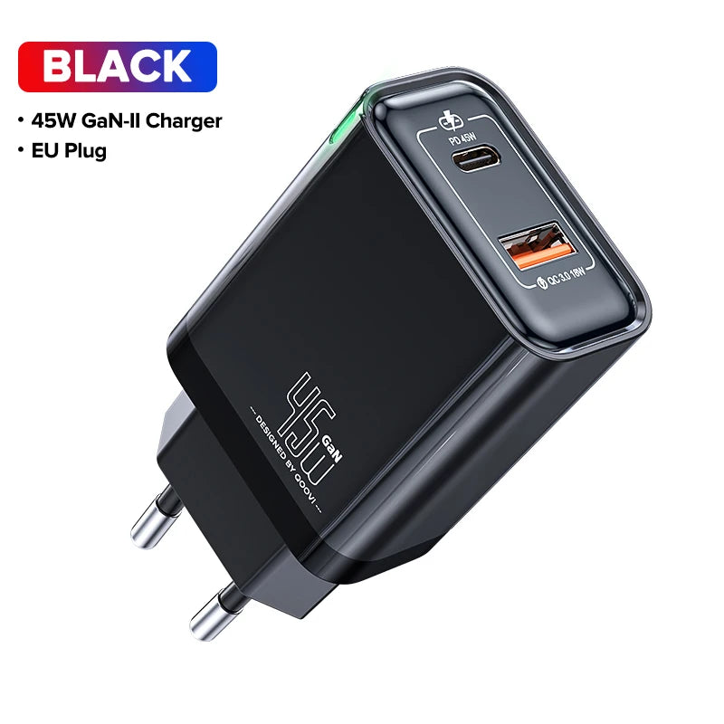 QOOVI 65W GaN Charger USB Type C Fast Charging Quick Charge 4.0 Adapter USB-C PD Charger For Samsung Xiaomi Macbook iPhone ipad Car Mobile World