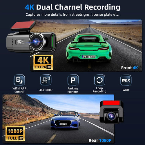 4K Dash Cam Built-in WiFi APP Control HD Night Vision Car Video Recorder Loop Recording G-sensor Car DVR Optional Rear Camera Car Mobile World
