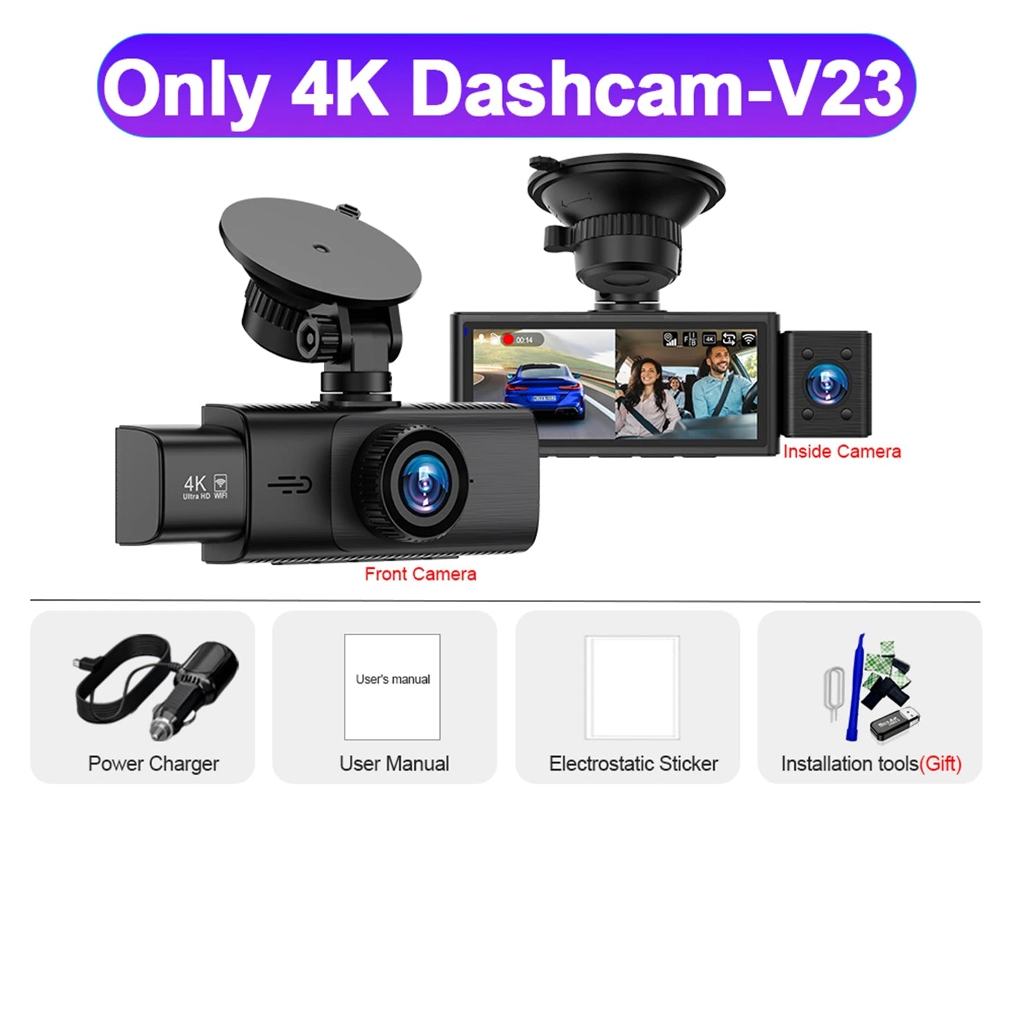 3 Channel WiFi 4K Dash Cam Front and Inside DashCam 1080P Rear Camera Night Vision 24H Parking Car DVR Black Box Support GPS Car Mobile World