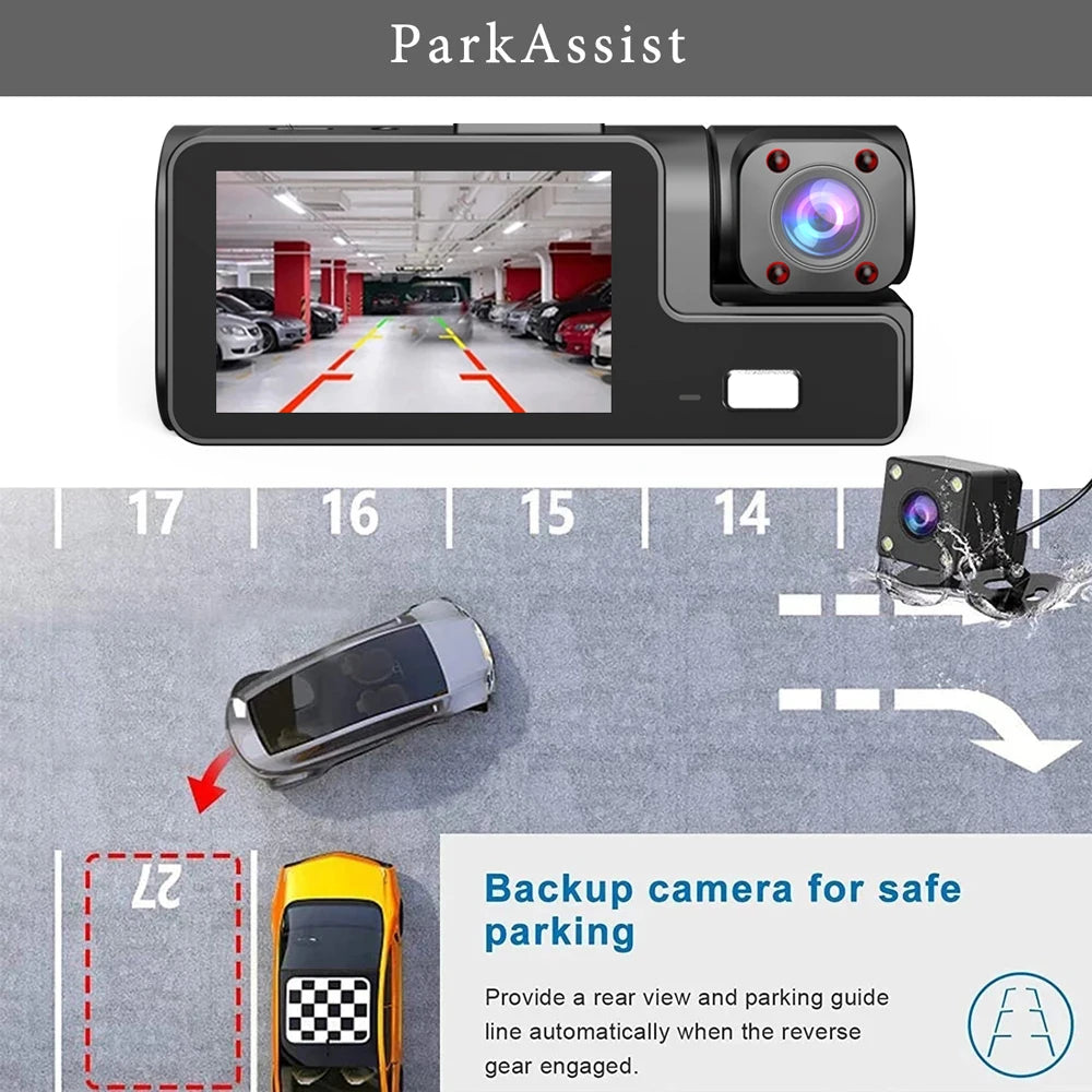 Car WiFi Dash Cam 3 Cameras FHD 1080P Video Recorder 3 Channel Front Rear View Night Vision Black Box DVR for Vehicle Safety