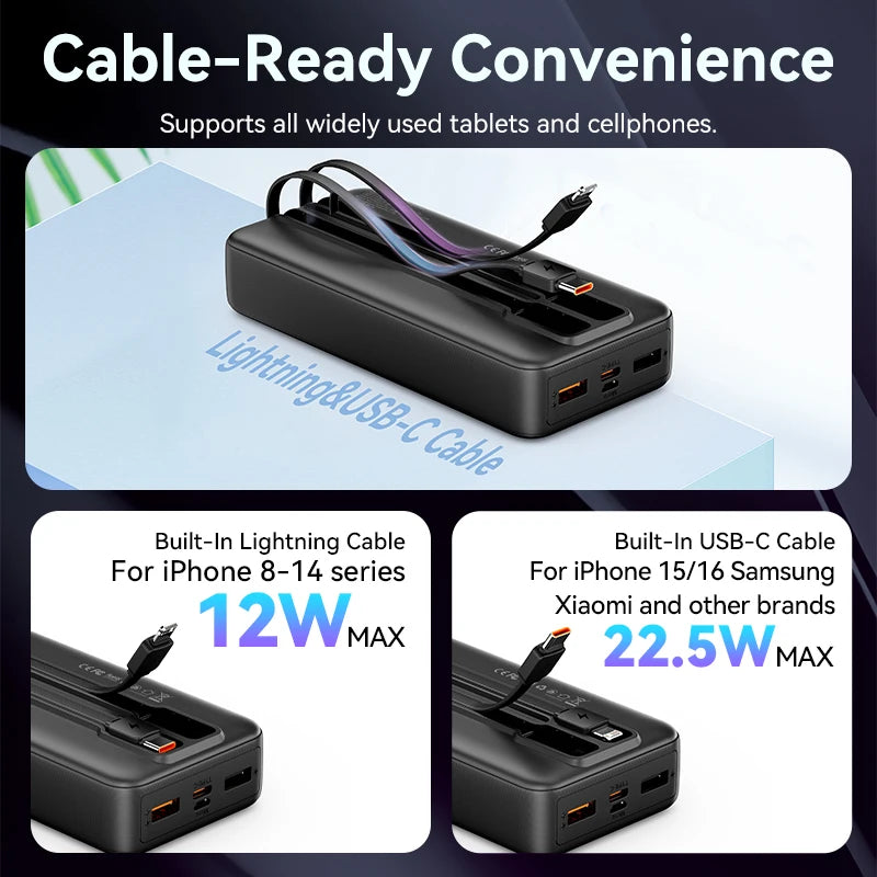 Vention 3C Certified 20000mAh 22.5w Power Bank Built-in USB-C Lightning Cable Portable Fast Charger Spare Battery CCC Powerbank