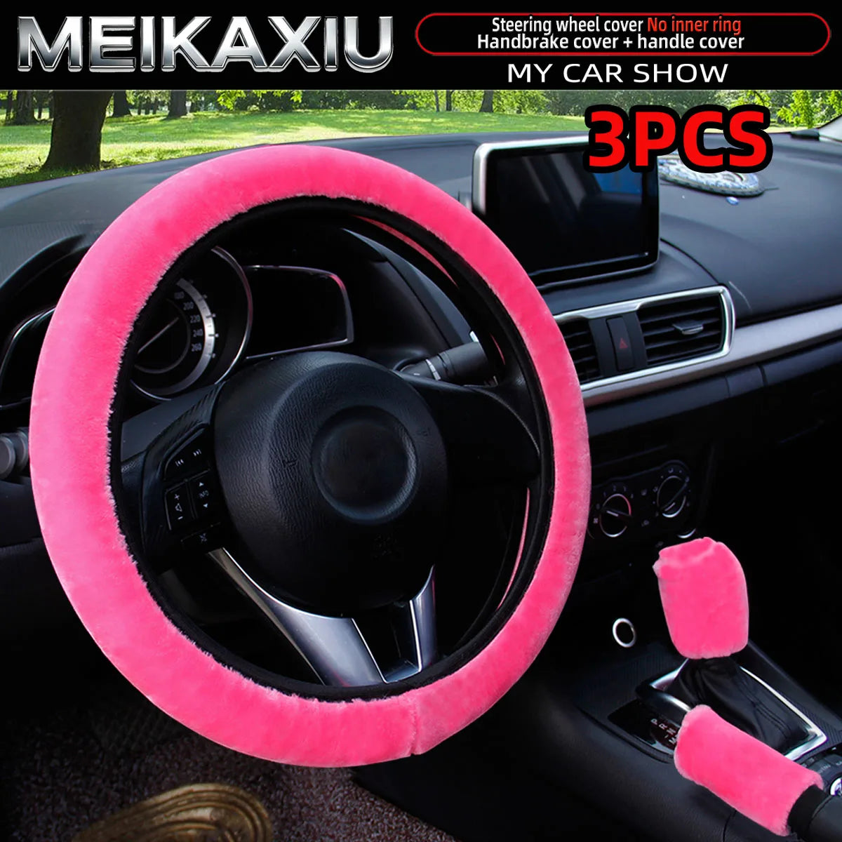 3PCS winter black and pink plush warm car non-ring steering wheel cover, handbrake cover, gearshift cover, women's style