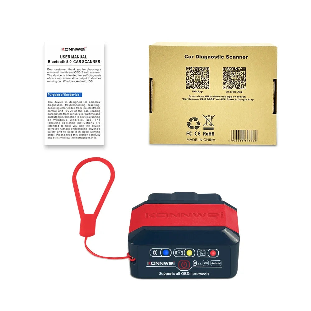 KONNWEI KW905 ELM327 OBD2 Car Scanner Bluetooth 5.0 Engine Fault Scanner Tool OBDII Code Reader Diagnostic Tool for Android/IOS Car Mobile World