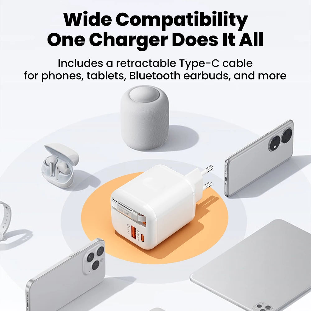 65W Fast Charger With Retractable USB C Cable 2 Ports USB Type C Charger PD Quick Charge 3.0 Phone Chargers For iphone Android Car Mobile World