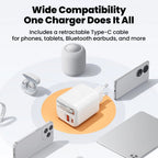 65W Fast Charger With Retractable USB C Cable 2 Ports USB Type C Charger PD Quick Charge 3.0 Phone Chargers For iphone Android Car Mobile World