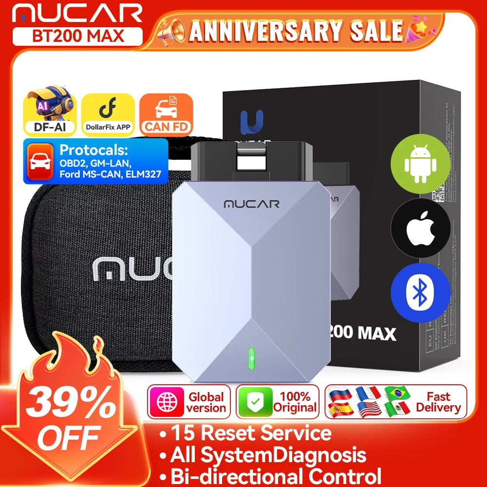 MUCAR BT200 MAX Lifetime Free AI Car Diagnostic Tool CANFD All System Diagnosis scanner 15 Reset Bi-Directional OBD2 Code Reader Car Mobile World