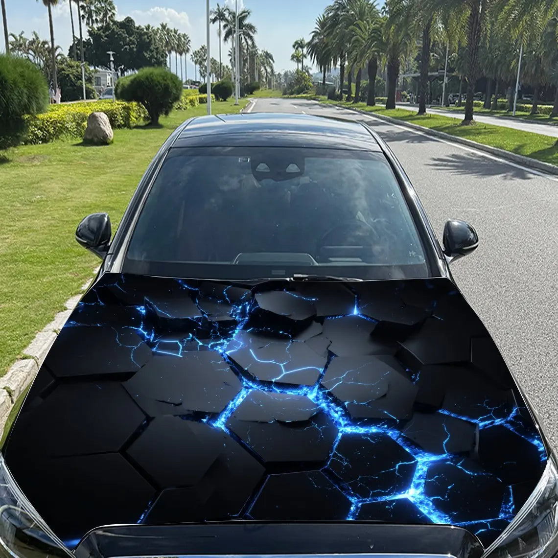 Electric Blue Cracks Hexagon Car Vinyl Wrap, PVC Material Waterproof Car Hood Sticker, Self-Adhesive Scratch-Resistant Stickers