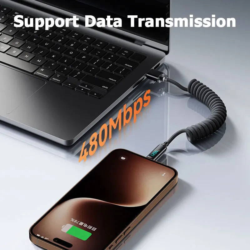 120W Car Retractable Cable Digital Display Spring USB A Type C To Type C Cable For Samsung iPhone 16 Fast Charging Charger Cable