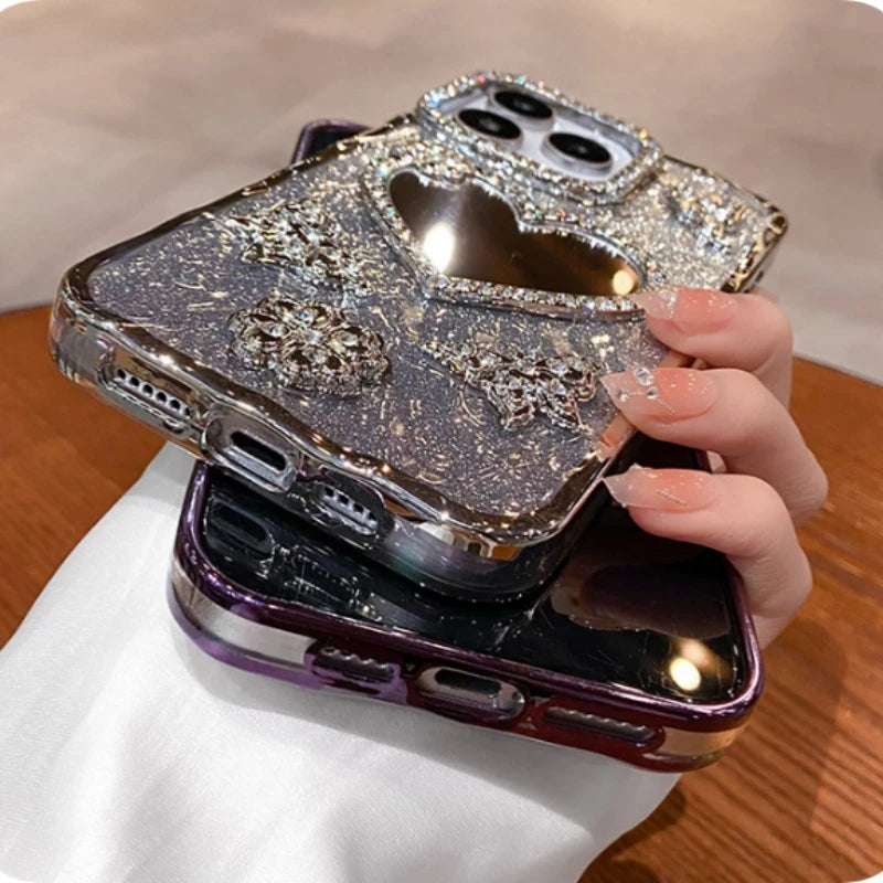 For iPhone 16 Pro Max Luxury Flash Glitter Butterfly Love Mirror Plating Frame Phone Case For iPhone 13 14 15 Plus 17 Air Cover