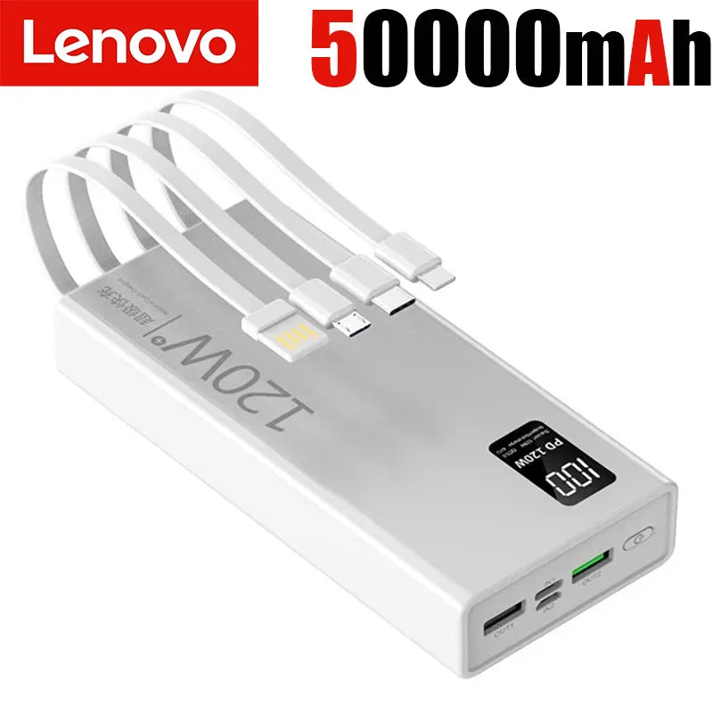Lenovo 120W 50000mAh High Capacity Power Bank 4 in 1 Cables Super Fast Charging Power Bank Portable Charger For iPhone Samsung Car Mobile World