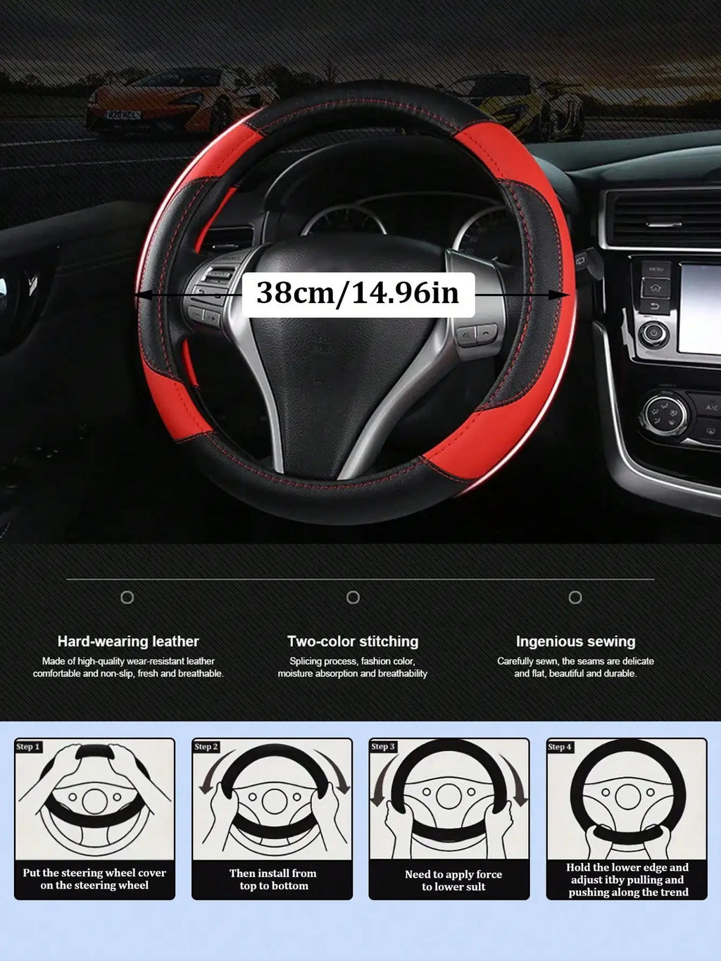 PU Leather Car Steering Wheel Cover - Breathable Microfiber, Anti-Slip & Wear-Resistant, Universal Fit for 37-38cm Wheels CM World