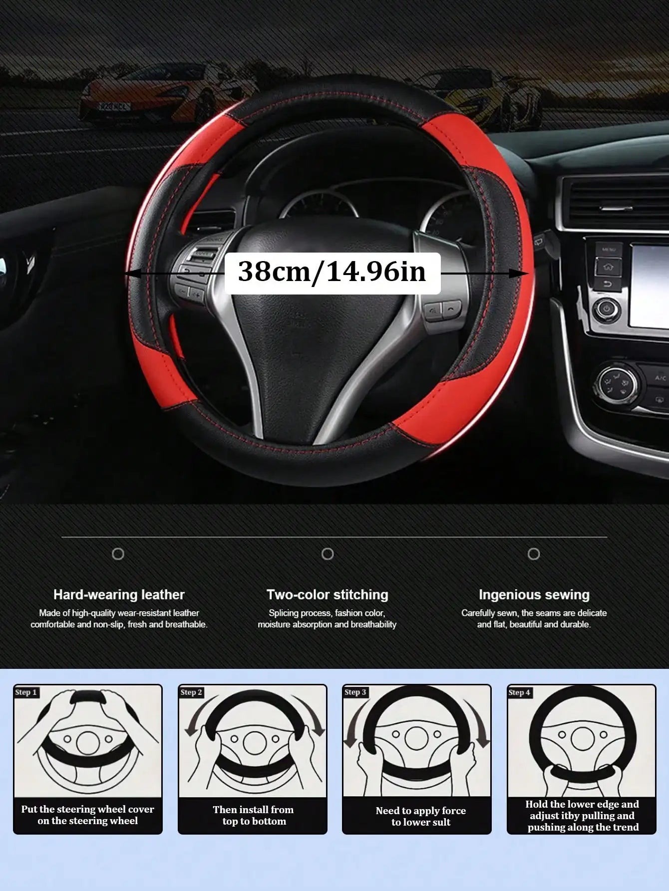 PU Leather Car Steering Wheel Cover - Breathable Microfiber, Anti-Slip & Wear-Resistant, Universal Fit for 37-38cm Wheels CM World