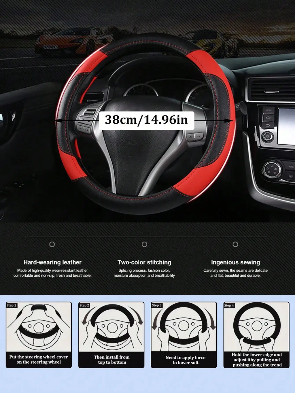 PU Leather Car Steering Wheel Cover - Breathable Microfiber, Anti-Slip & Wear-Resistant, Universal Fit for 37-38cm Wheels