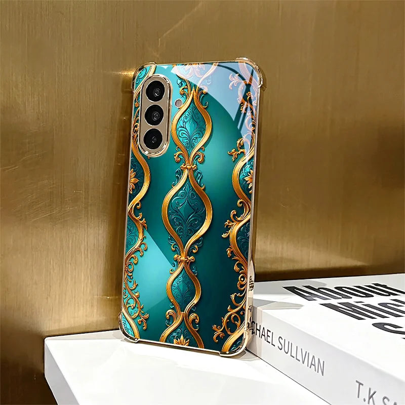 Green gold stripe Tempered Glass Fashion phone case for Samsung Galaxy S26/S25/S24/S23/S22/S21 FE Ultra Plus Dropresistant