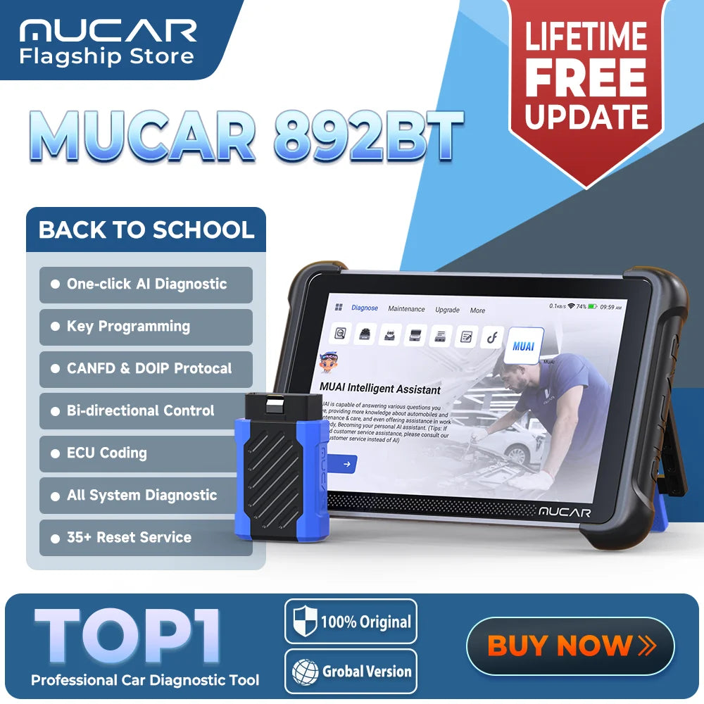 MUCAR 892BT AI Bidirectional Automotive Diagnostic Tool Key Programmer Obd2 Scanner ECU Coding CANFD DOIP 35 Resets Life Free