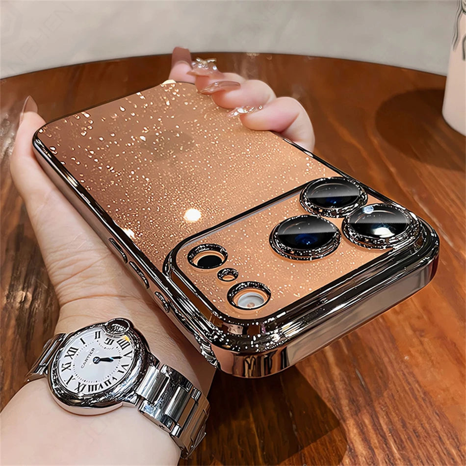 Luxury Transparent Glitter Clear Slim Case For iPhone 12 13 14 Plus 15 16 17 Pro Max Orange Pating Bumper Lens Glass Hard Cover Car Mobile World
