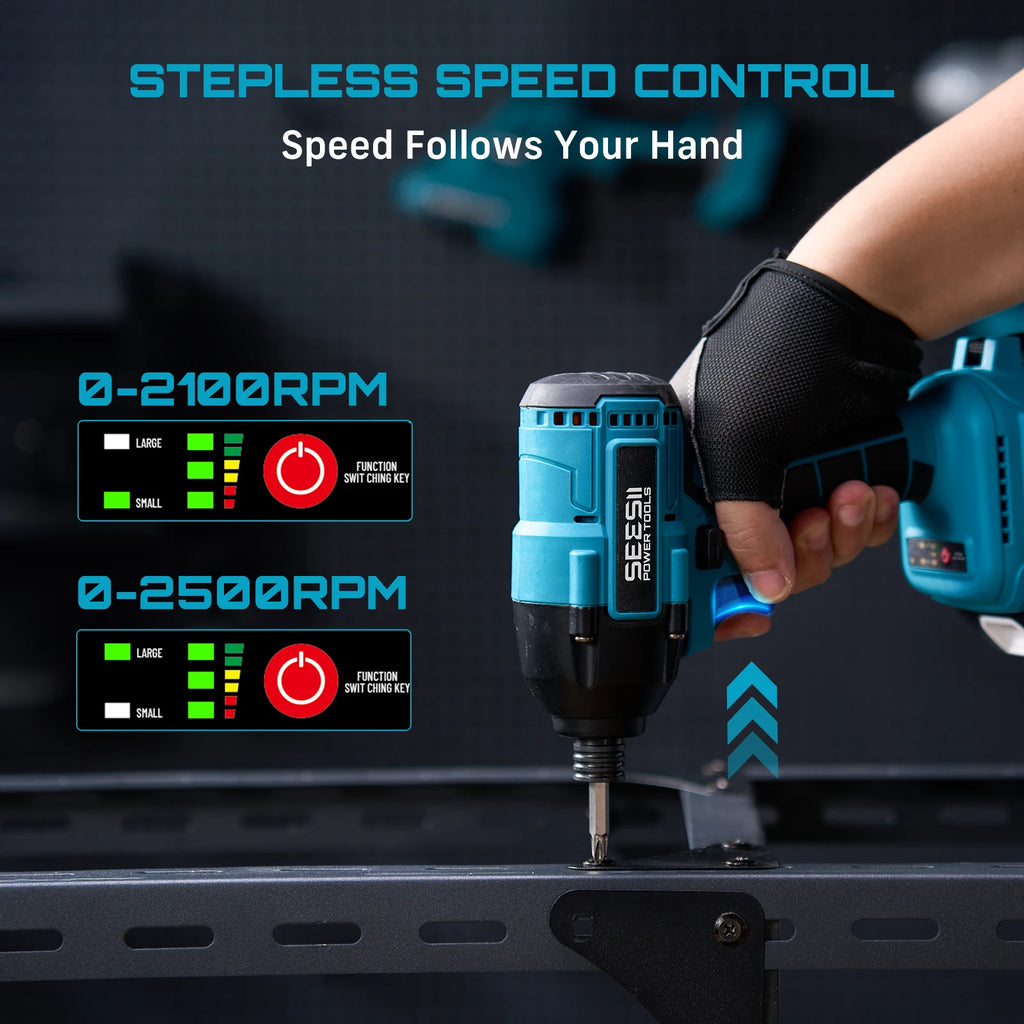 Seesii S531 Cordless Impact Driver Kit 21V Max Torque 1590 In-lbs(180 N.m) Impact Driver Set with Two 2.0 Ah Batteries 1/4" Hex Chuck Power Impact Driver w/ 20 Pcs Drill Bits 0-2500 RPM Variable Speed