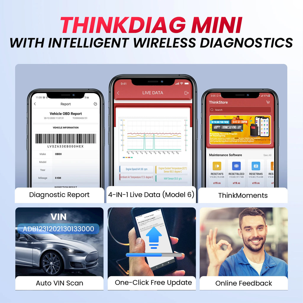 THINKCAR THINKDIAG MINI OBD2 Scanner Diagnostic Tool OE Full System Car Scanner for iOS Android Fault Code Reader Free Update CM World