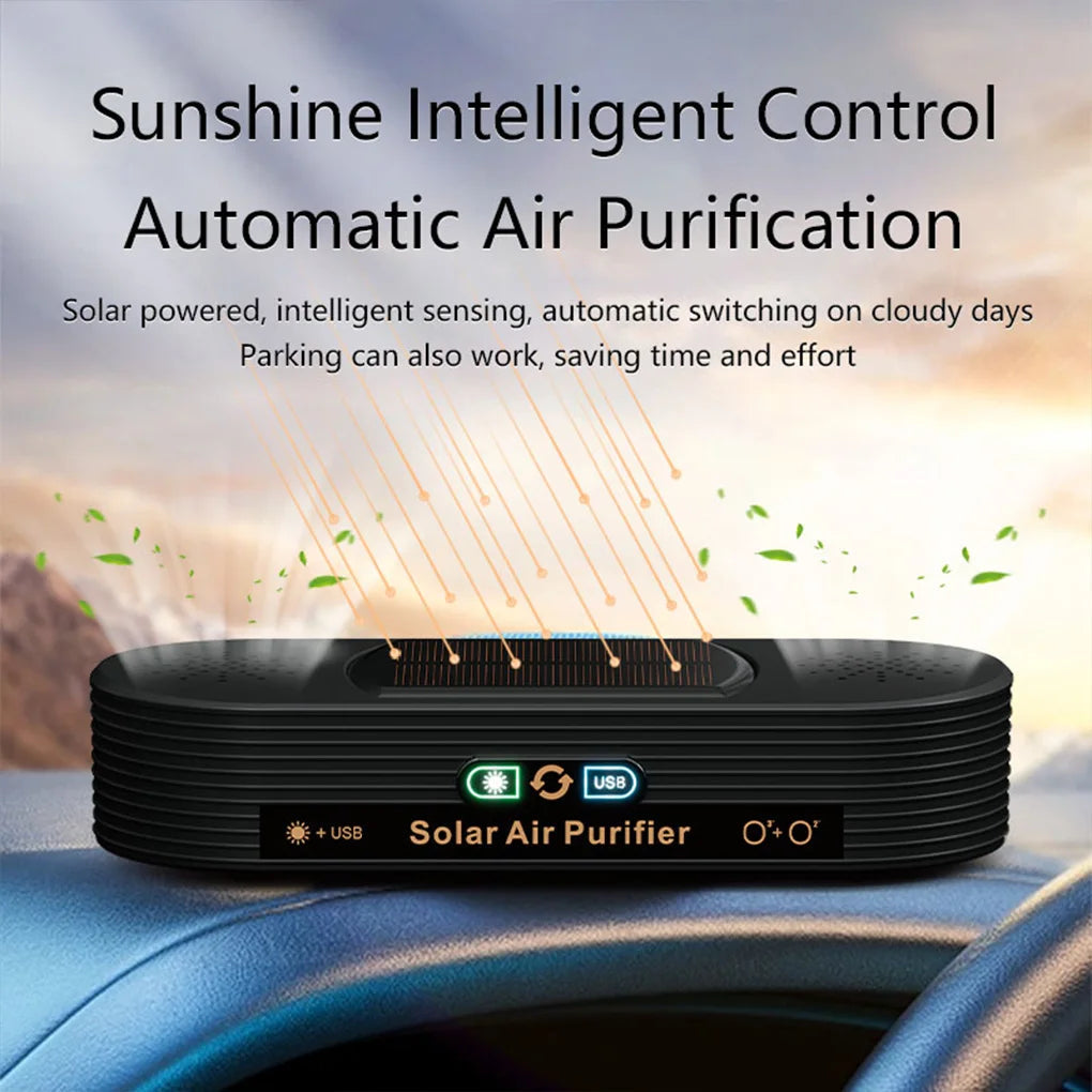 Solar USB Car Air Purifier Auto-Switch Power Safe Ozone Ion Tech Dual-mode Vehicle-mounted Ion Active Oxygen Dual-core Purifier CM World