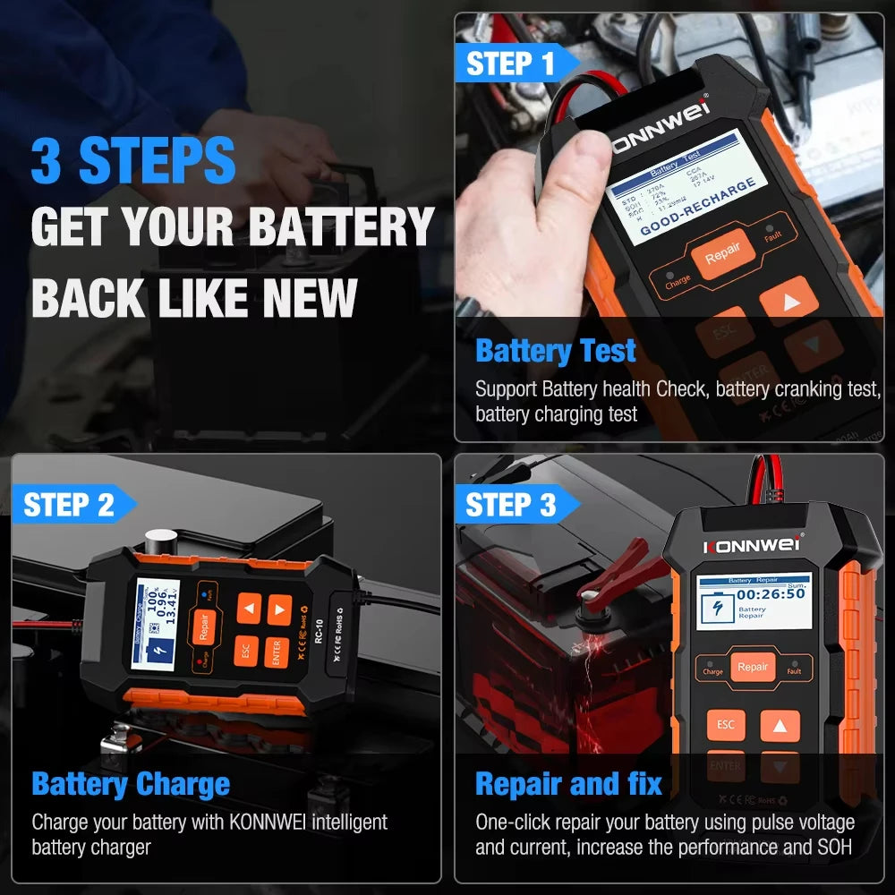 KONNWEI KW520 Car Battery Tester 12V 24V Battery Charger Lead Acid Car Battery Pulse Repair Tool AGM Gel Lithium Scanning Tool