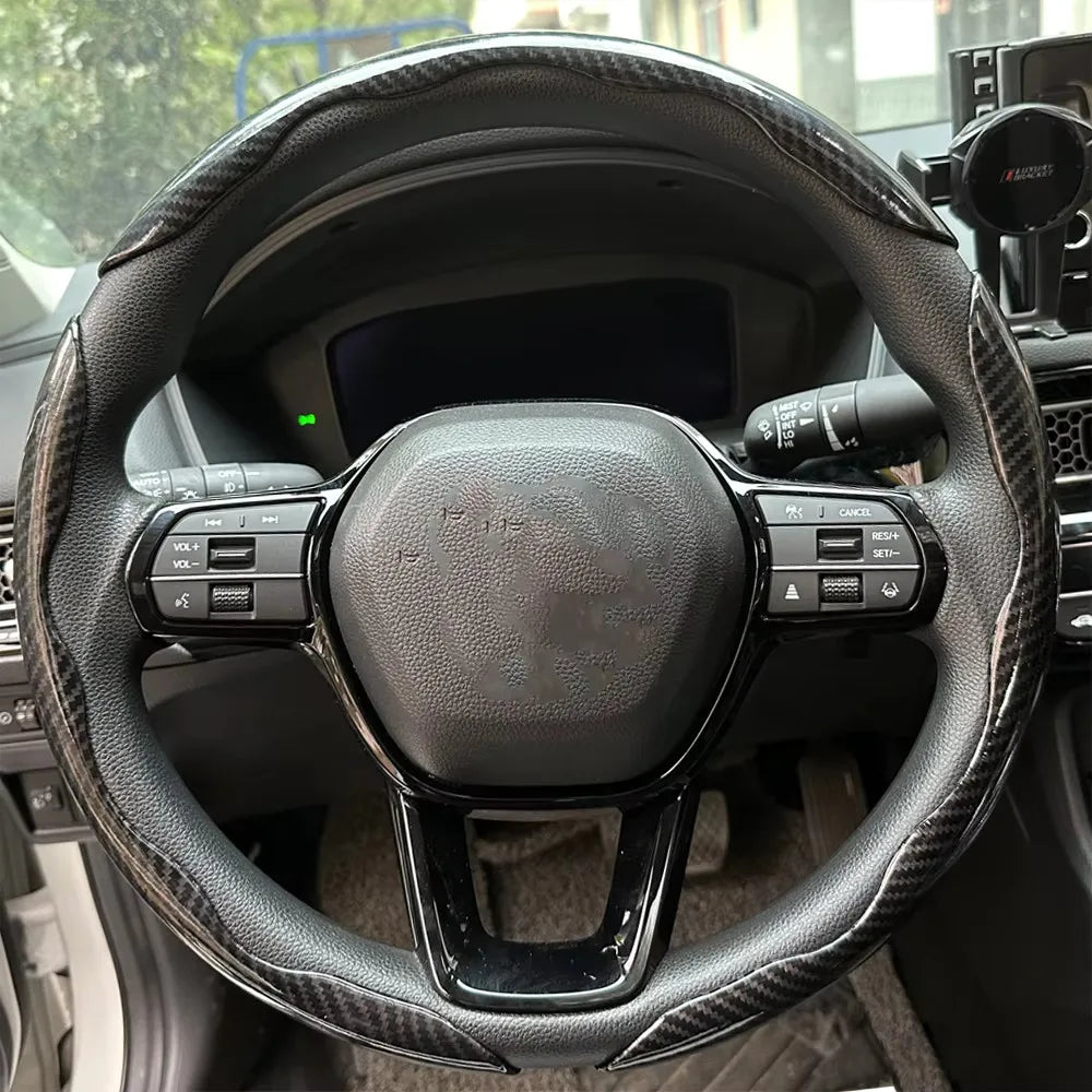 3PCS Laser Carbon Fiber Silicone Car Steering Wheel Cover 1K Micro Fiber Leather PVC Wheel Booster Cover Non-Slip Universal CM World