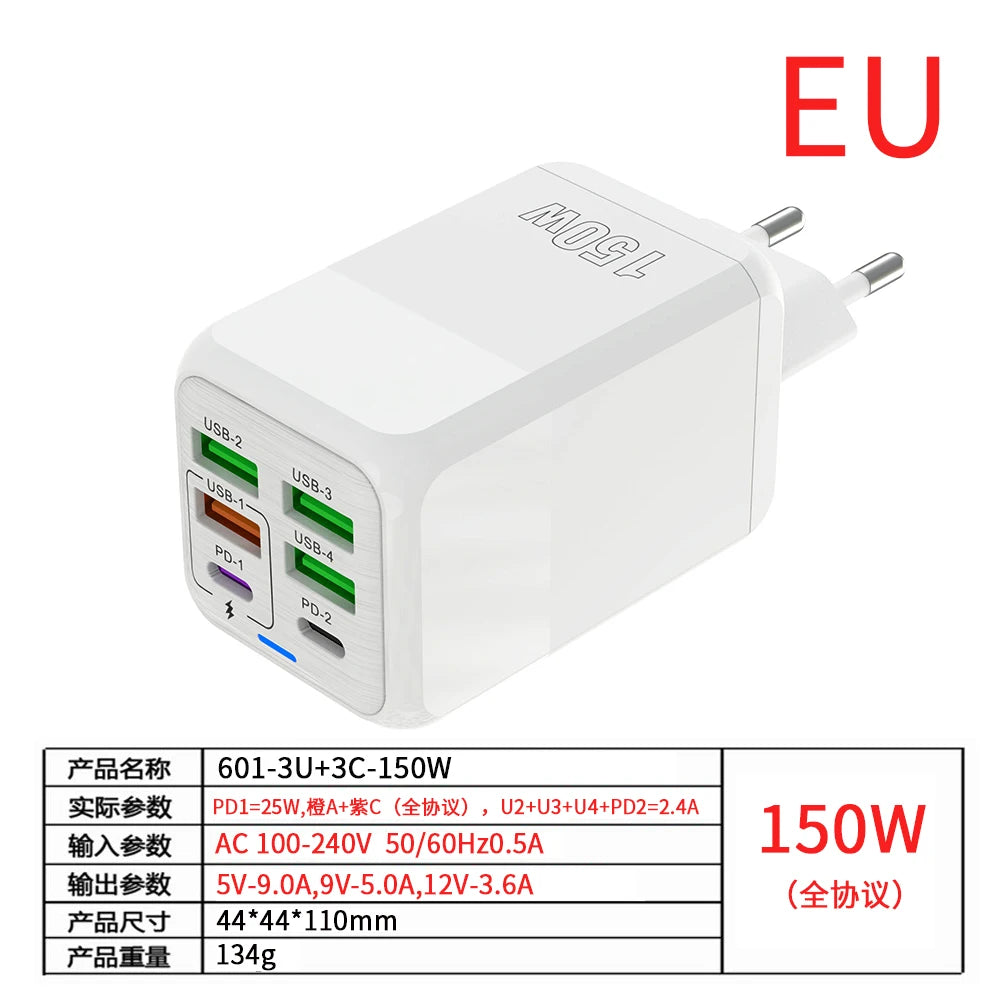 150W 6 Ports Pd QC 4.0 Usb C Fast Charger Wall Adapter Super Fast Charging For Iphone Samsung Ipad Xiaomi Huawei Oneplus Oppo Car Mobile World