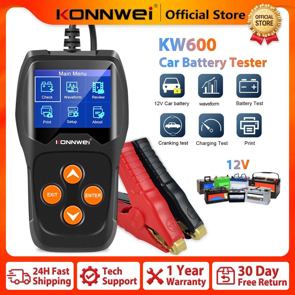 KONNWEI KW600 Professional Car Battery Tester 12V Battery Health Monitoring Cranking Charging Test Tool for GEL EFB AGM Battery