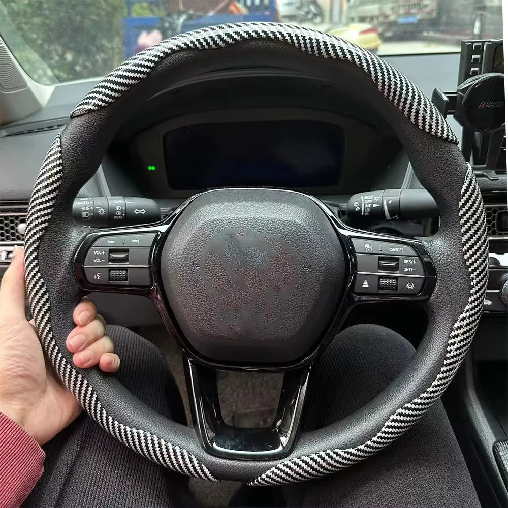 3PCS Laser Carbon Fiber Silicone Car Steering Wheel Cover 1K Micro Fiber Leather PVC Wheel Booster Cover Non-Slip Universal CM World