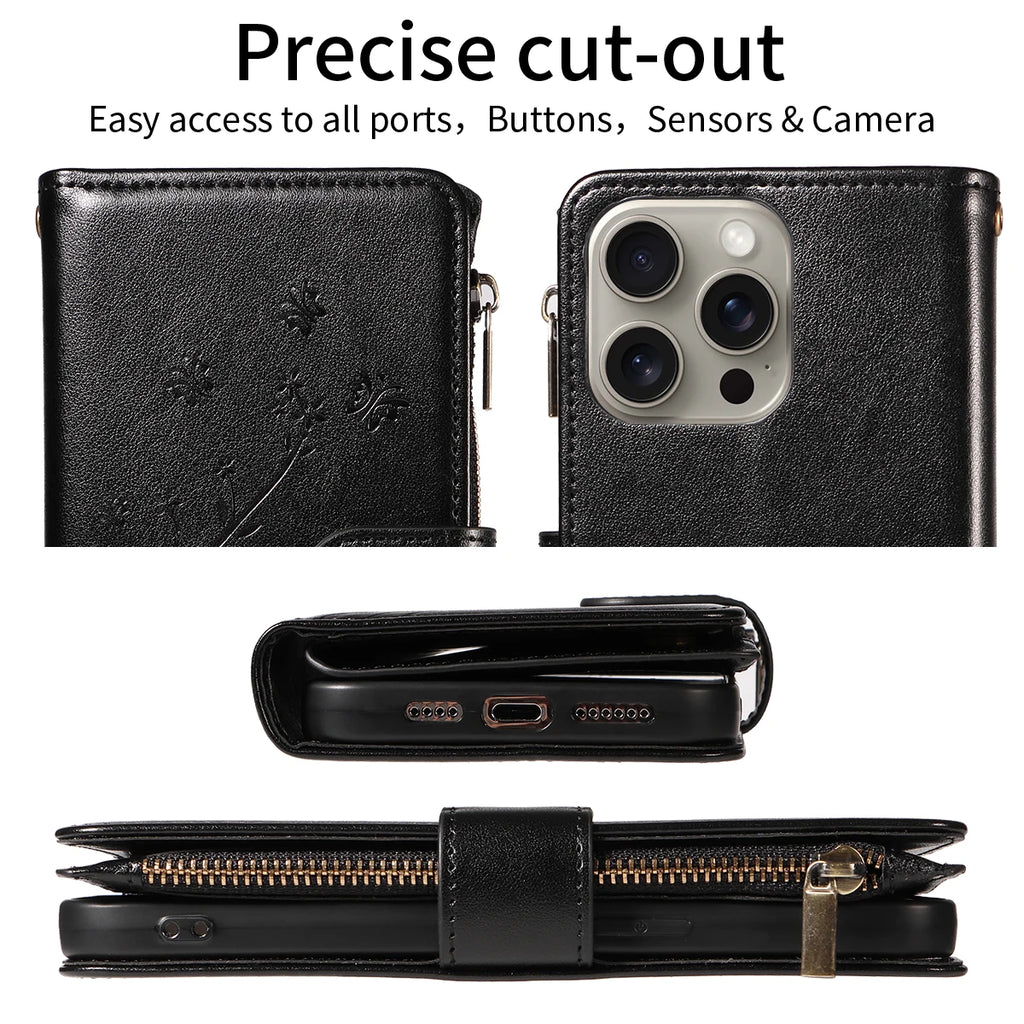 Multi-function Embossed Zipper Phone Case for Iphone 16promax 15 14 13 12 11 7 8 X XS XR PU Leather Flip Wallet Wallet Case
