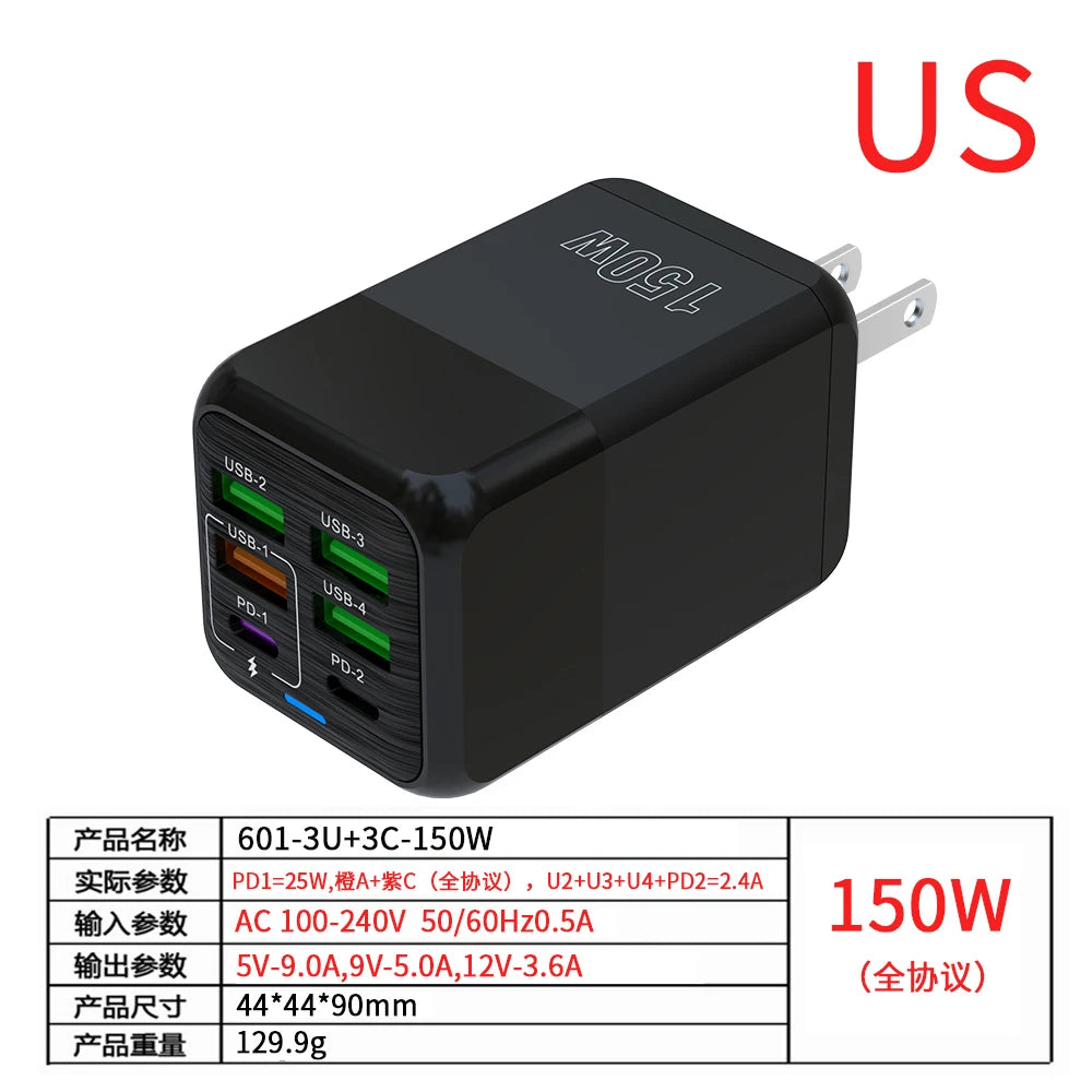 150W 6 Ports Pd QC 4.0 Usb C Fast Charger Wall Adapter Super Fast Charging For Iphone Samsung Ipad Xiaomi Huawei Oneplus Oppo Car Mobile World