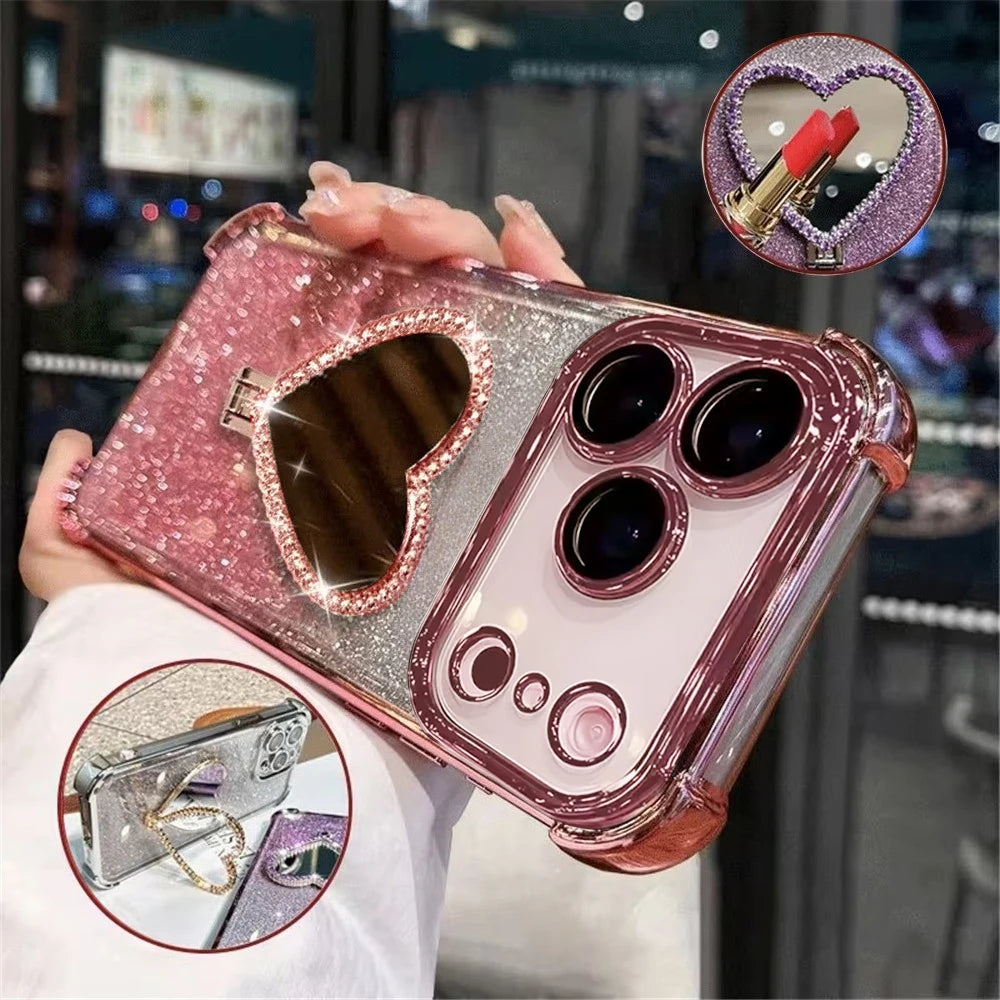 Glitter Heart Mirror Holder Stand Phone Case For iPhone 17 16 15 14 13 12 11 Pro Max Plus 17 Air  Shockproof Soft Silicone Cover