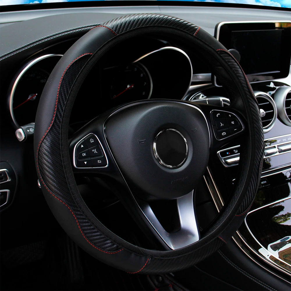 PU Carbon Fiber Leather Car Steering Wheel Cover without Inner Ring Suitable for 14.5-15 Inches of Automotive Supplies CM World
