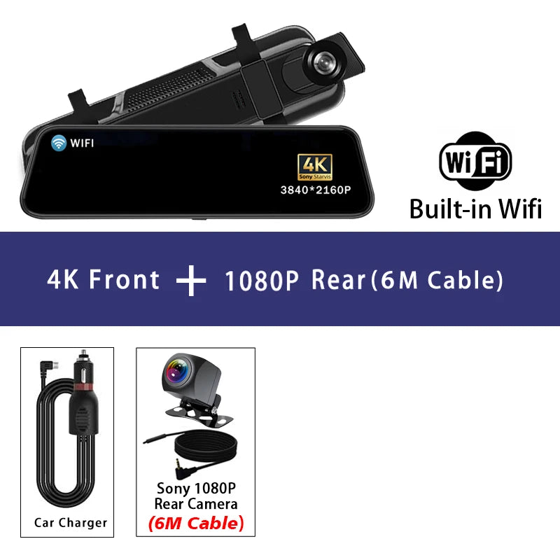 10 Inch 4K 2160P Dash Cam Wifi GPS Car Dvr Dual Lens Dashcam Stream Rear View Mirror IPS Video Drive Recorder Camera Registrar