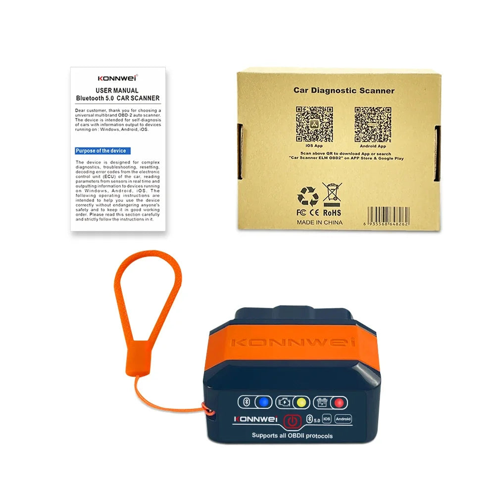 KONNWEI KW905 ELM327 OBD2 Car Scanner Bluetooth 5.0 Engine Fault Scanner Tool OBDII Code Reader Diagnostic Tool for Android/IOS Car Mobile World