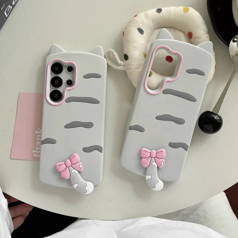 Kawaii 3D Cat Ears Tail Silicone Phone Case for Samsung Galaxy S23 S24 S25 S26 Ultra FE A56 A55 A36 A35 A26 A17 A16 A24 A25 A26