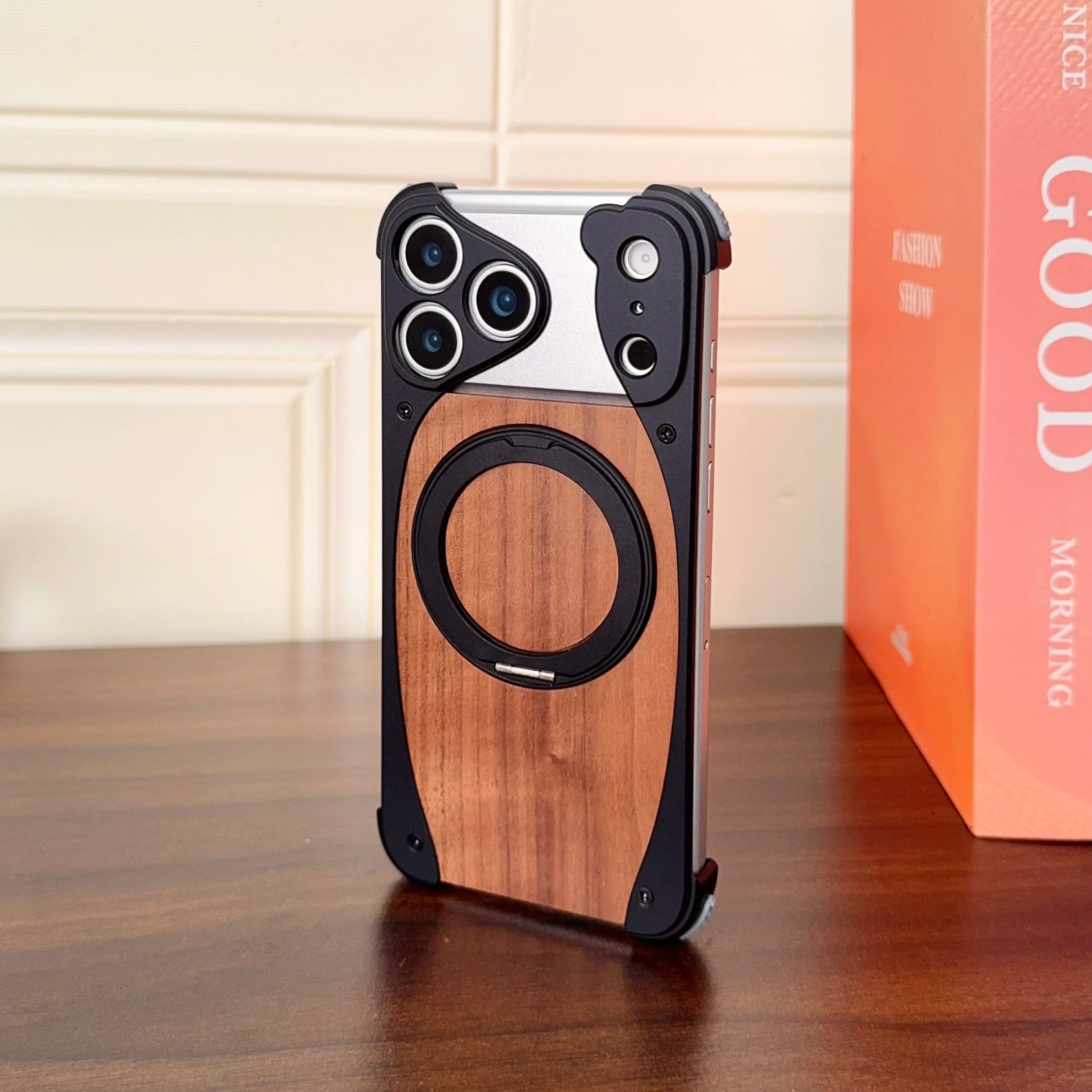 Luxury Metal Frame Walnut Wood Frameless Phone Case For iPhone 17 16 15 14 Pro Max Magsafe Magnetic 360 Rotating Bracket Cover Car Mobile World