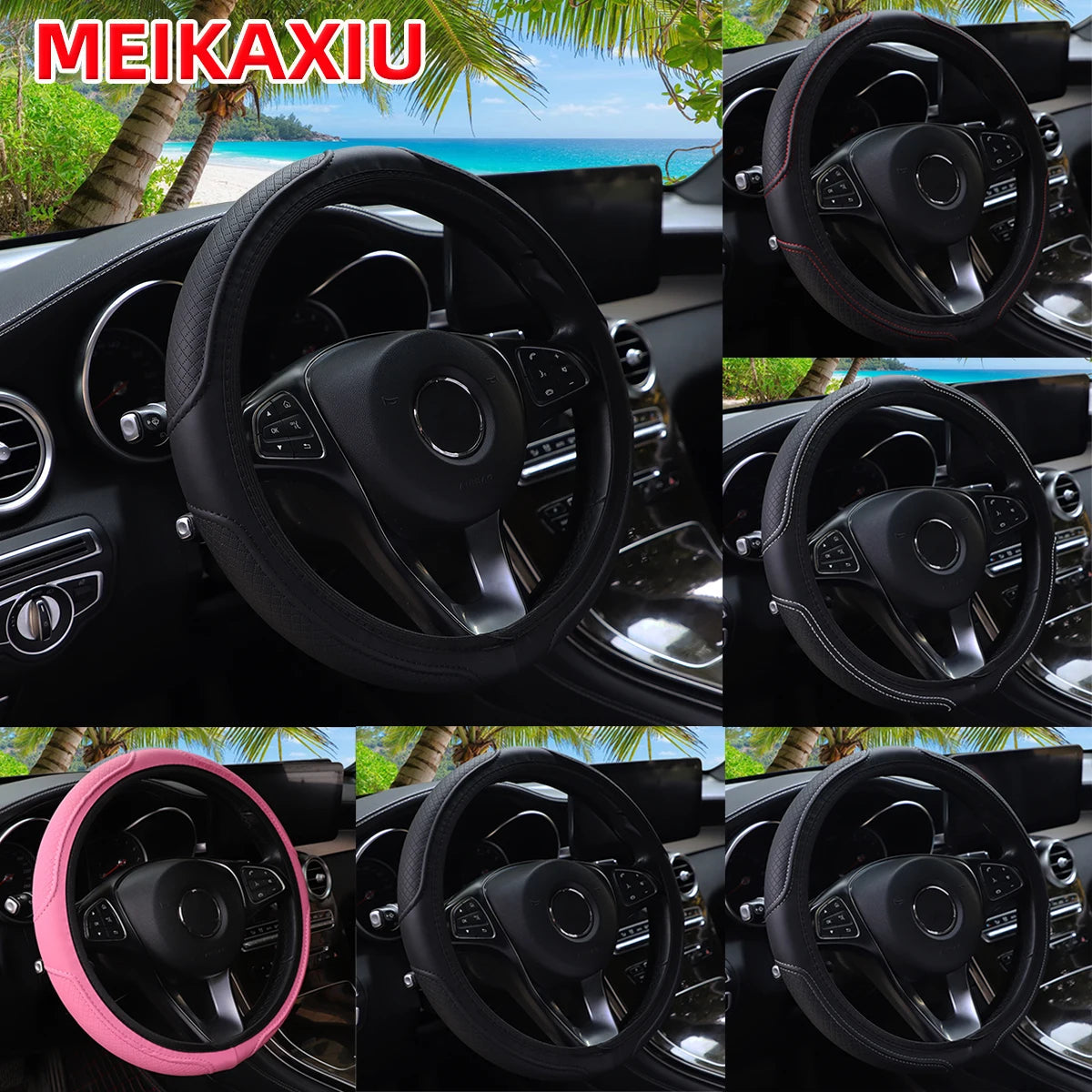 PU Leather Embossed Steering Wheel Cover 14.5-15 Inch round Rimless Design for All Seasons Men Women Cars CM World