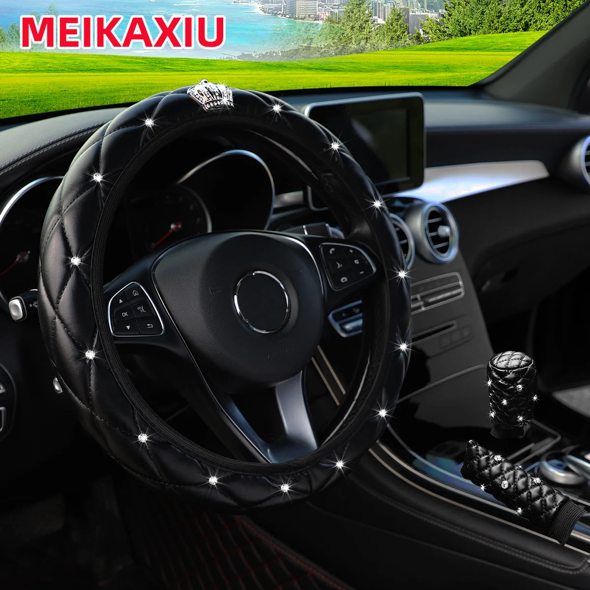 Soft leather crown diamond car without inner ring steering wheel cover, gear shift cover, handbrake cover, 3-piece set CM World