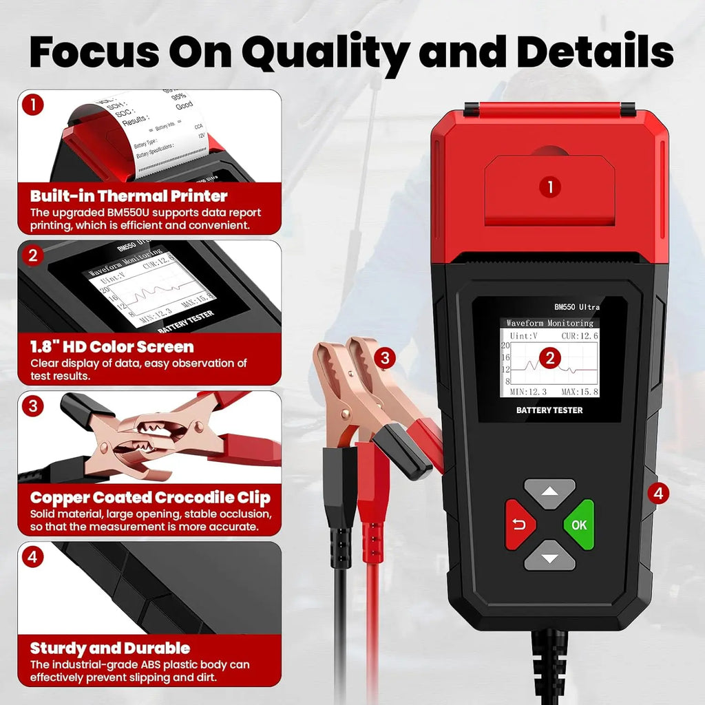 Car Battery Tester BM550U 6V/12V/24V 100-2000CCA 1.8" HD Screen Automotive Digital Battery Voltage Tester with Built-in Printer