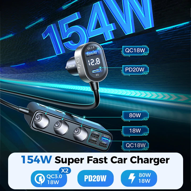Joyroom 154W Car Charger Adapter 9 in 1 Fast Power Adapter Lighter Splitter Charge Independent Switches DC Cigarette Outlet CM World