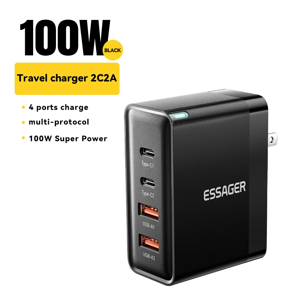 Essager 100W US/KR Plug USB Type C GaN Charger For Laptop Macbook PD Fast Charging For iPhone 16 15 14Pro Samsung Charge Adapter