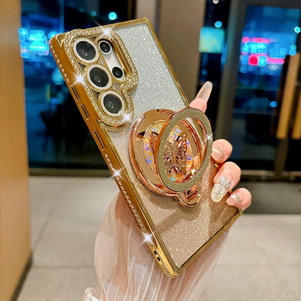 Glitter Butterfly Rotating Bracket Case for Samsung Galaxy S25 S26 Ultra S24 S23 Plus S22 FE A56 A55 A16 A54 Bling Diamond Cover
